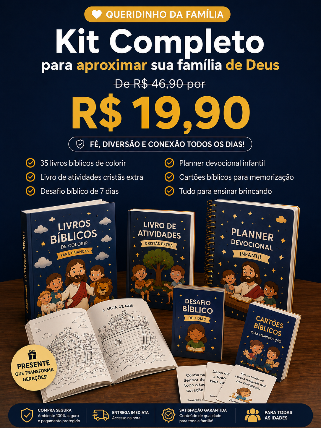 Kit completo com livros de colorir, planner devocional e cartões de memorização